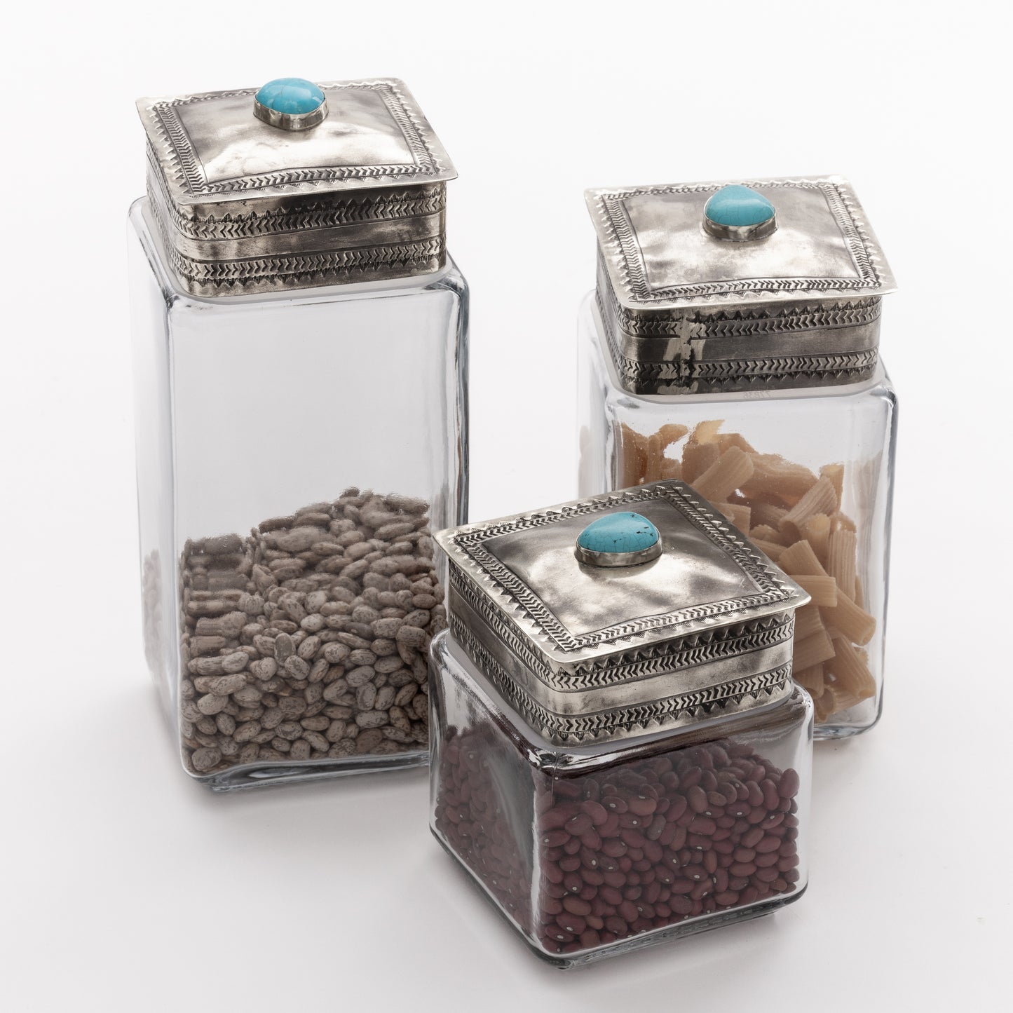 LRG GLASS BOTTOM CANISTER W- SILVER & TURQ WJA-040-LRG