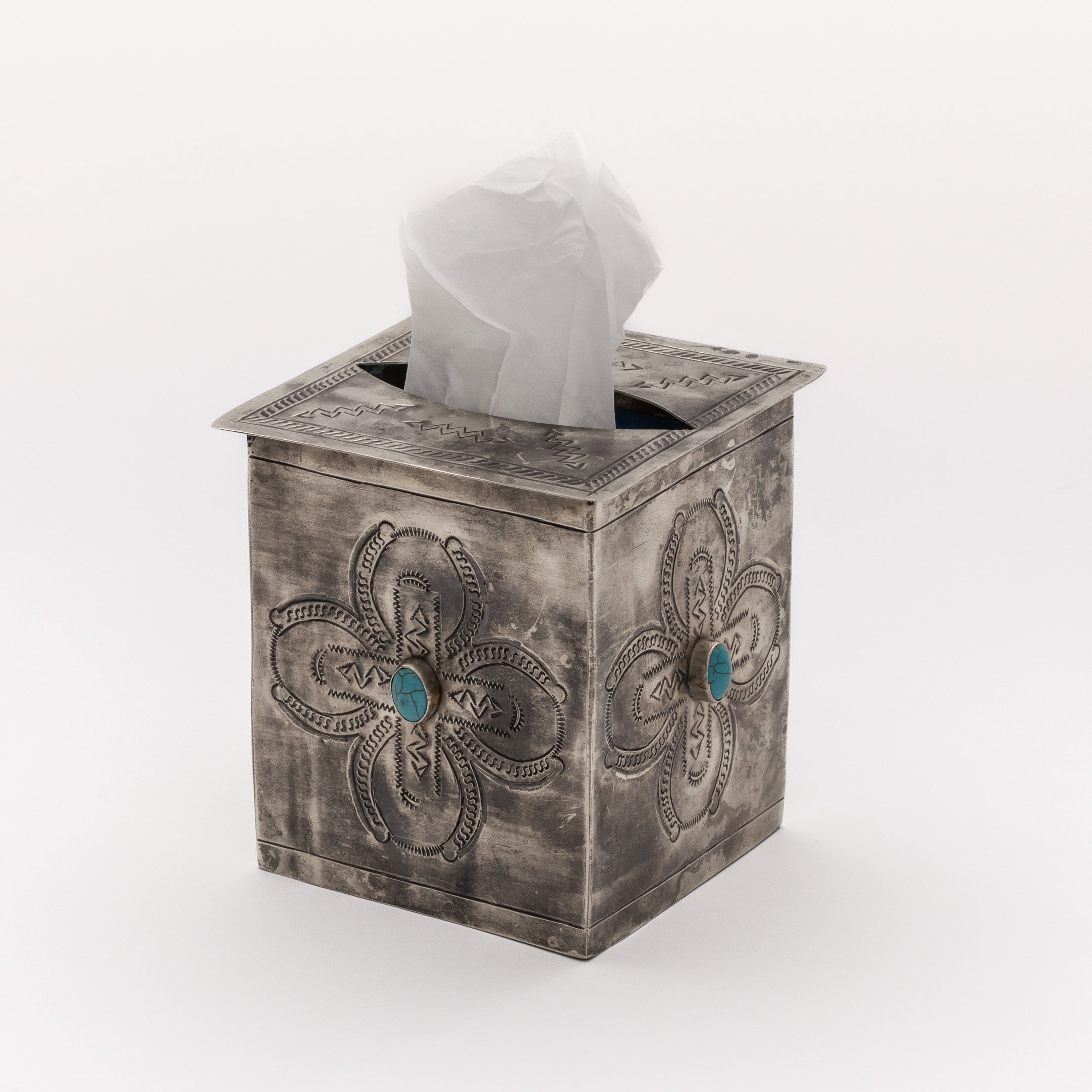 STAMPED TISSUE BOX COVER W- TURQ