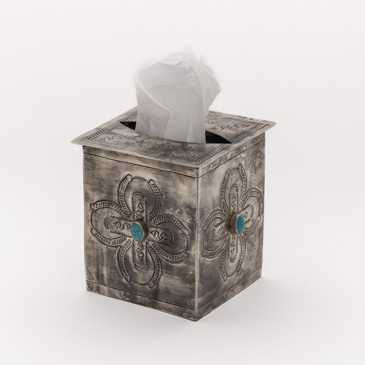 STAMPED TISSUE BOX COVER W- TURQ WJA-017-T