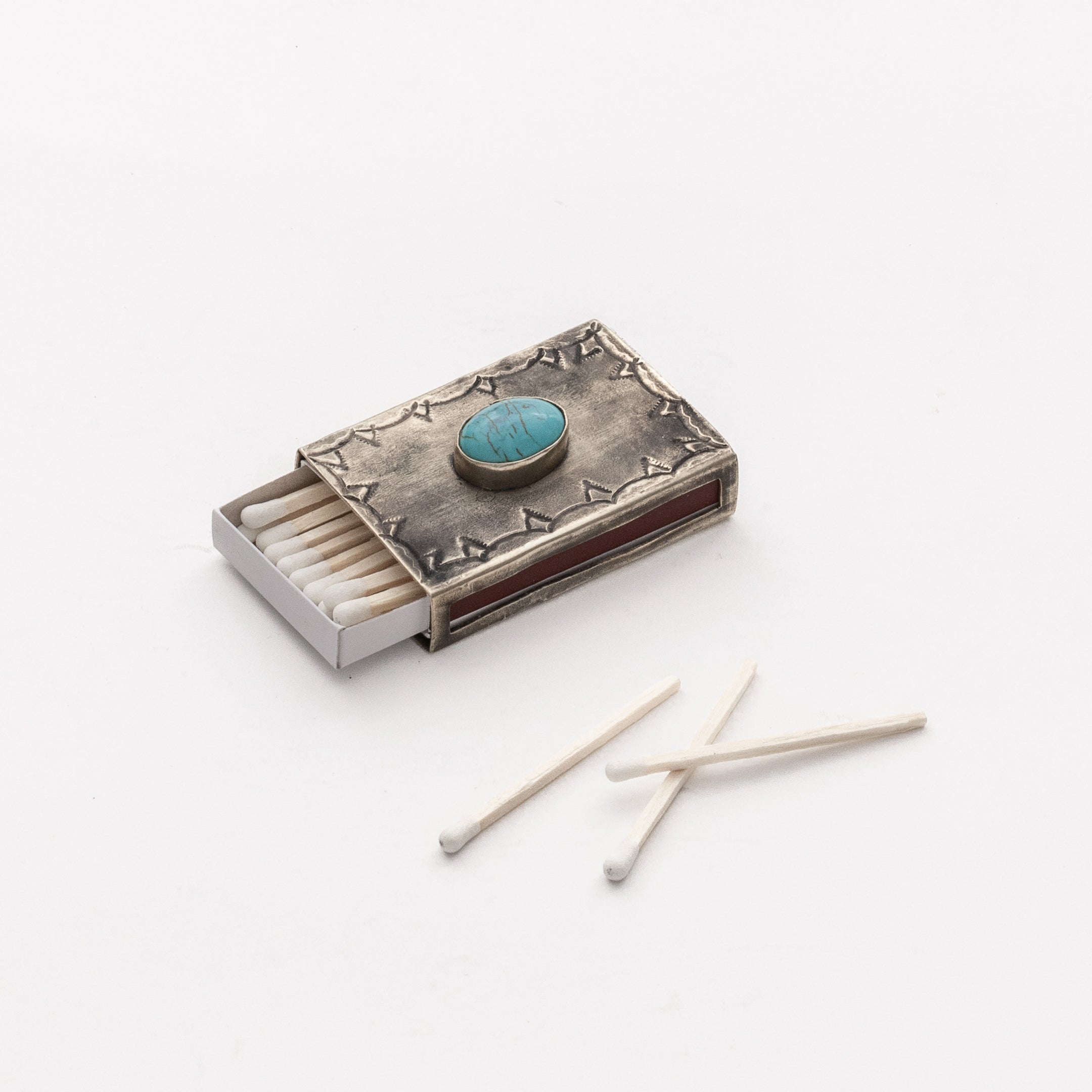 WJA-018-3-T SMALL STAMPED MATCHBOX W- TURQ. – J. Alexander Rustic Silver
