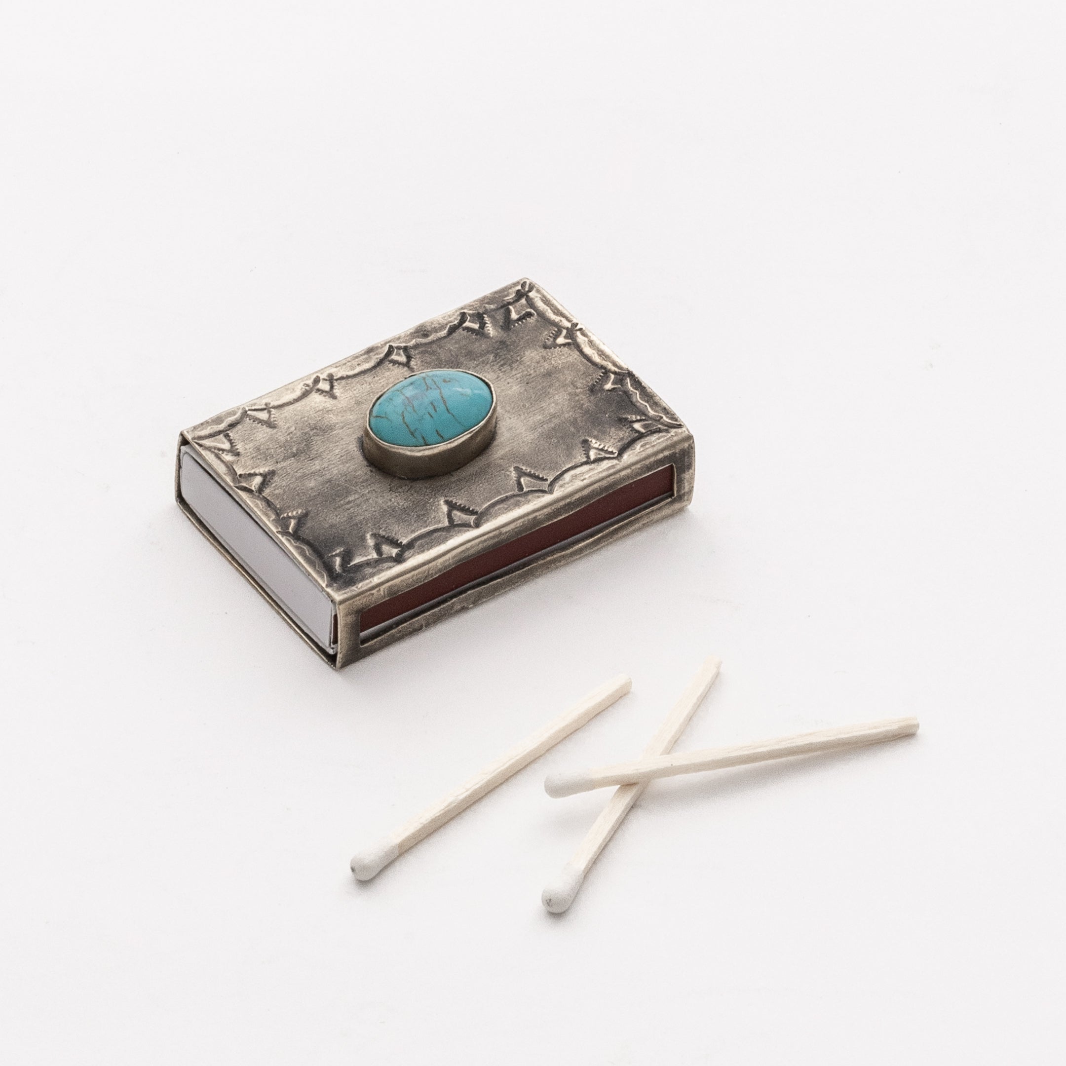 WJA-018-3-T SMALL STAMPED MATCHBOX W- TURQ. – J. Alexander Rustic Silver