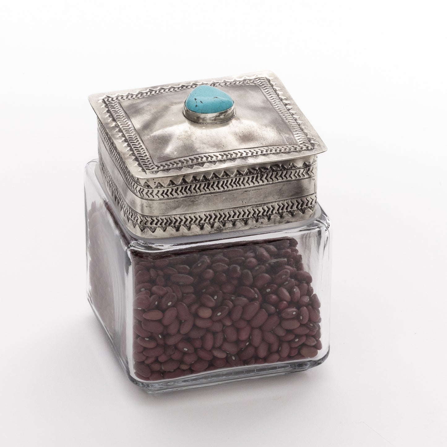 SMALL GLASS BOTTOM CANISTER W- SILVER & TURQ WJA-040-SM