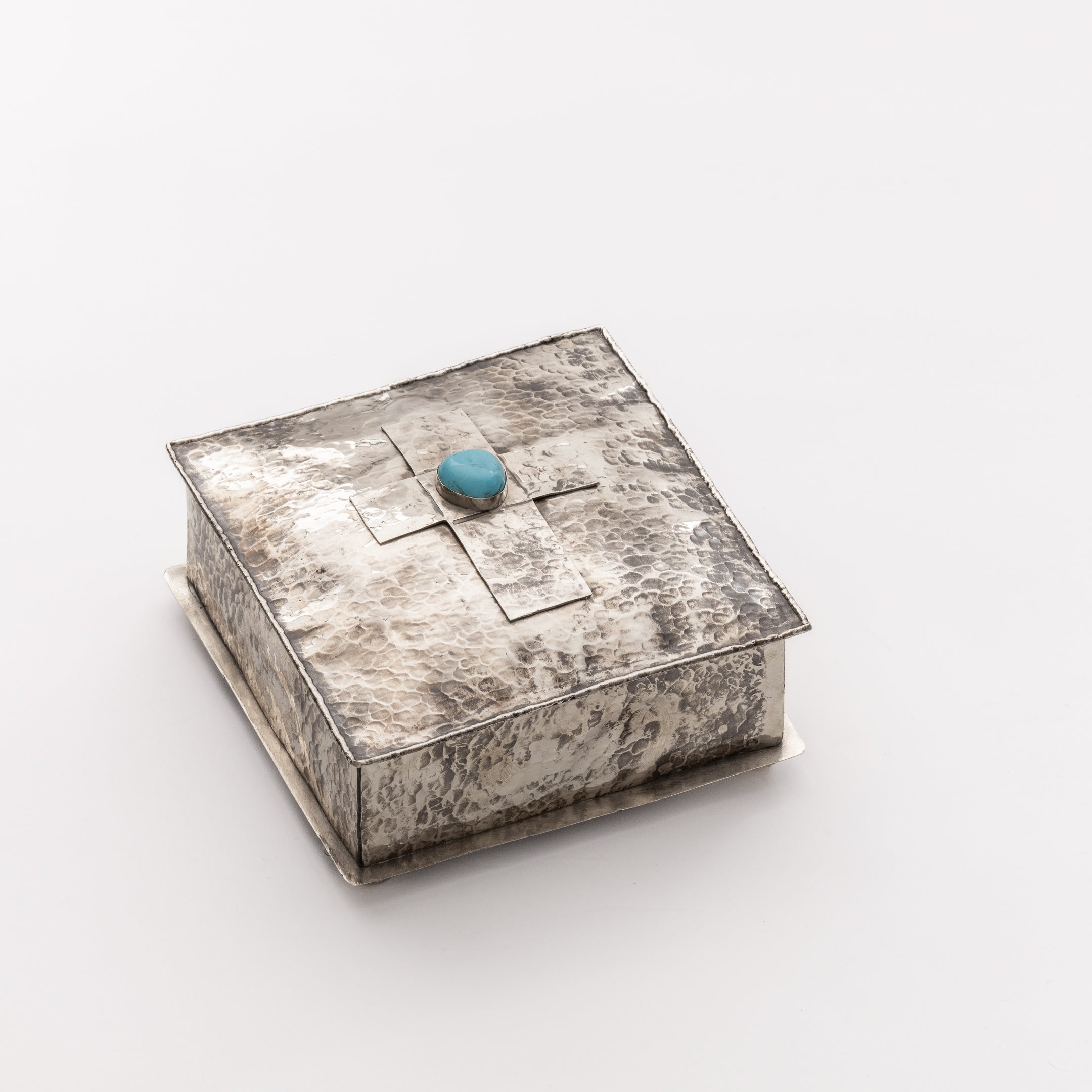 SILVER 6X6 DIMPLED BOX W- CROSS AND 1 TURQ STONE
